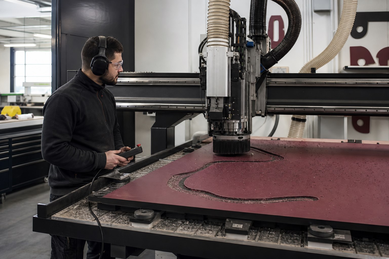 Visualisierung eines CNC-Technikers bei der Bearbeitung einer freien Plattenkontur