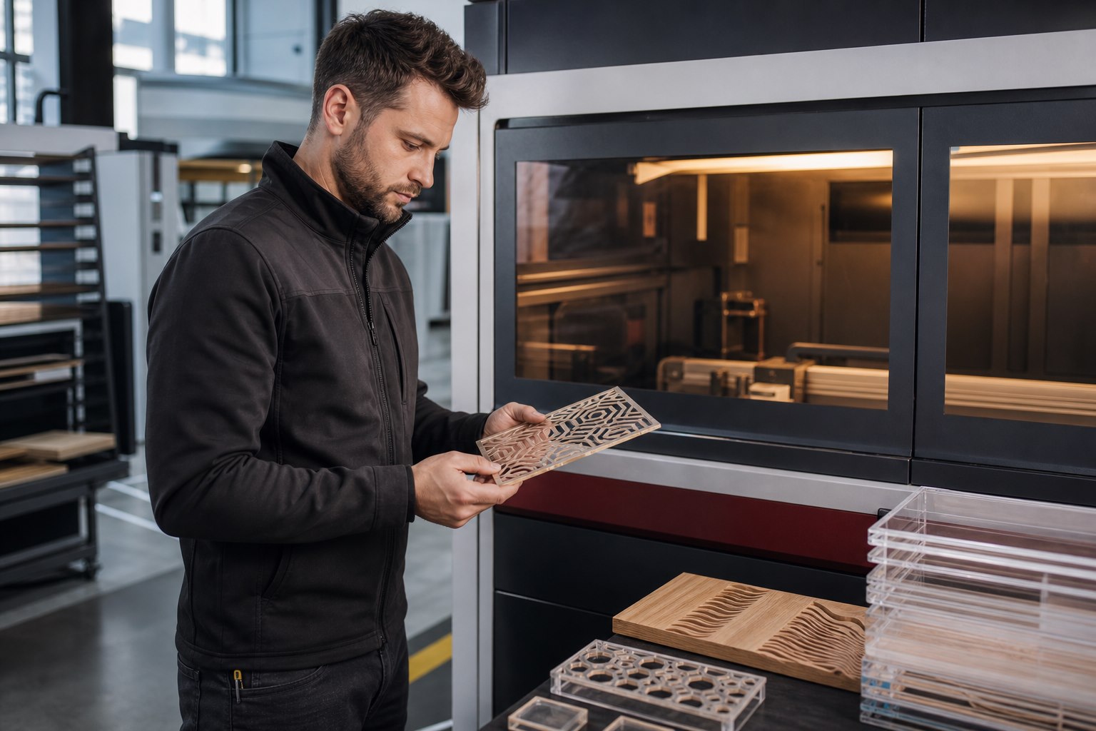 Visualisierung eines Lasertechnikers bei der Sichtprüfung eines präzise bearbeiteten Werkstücks