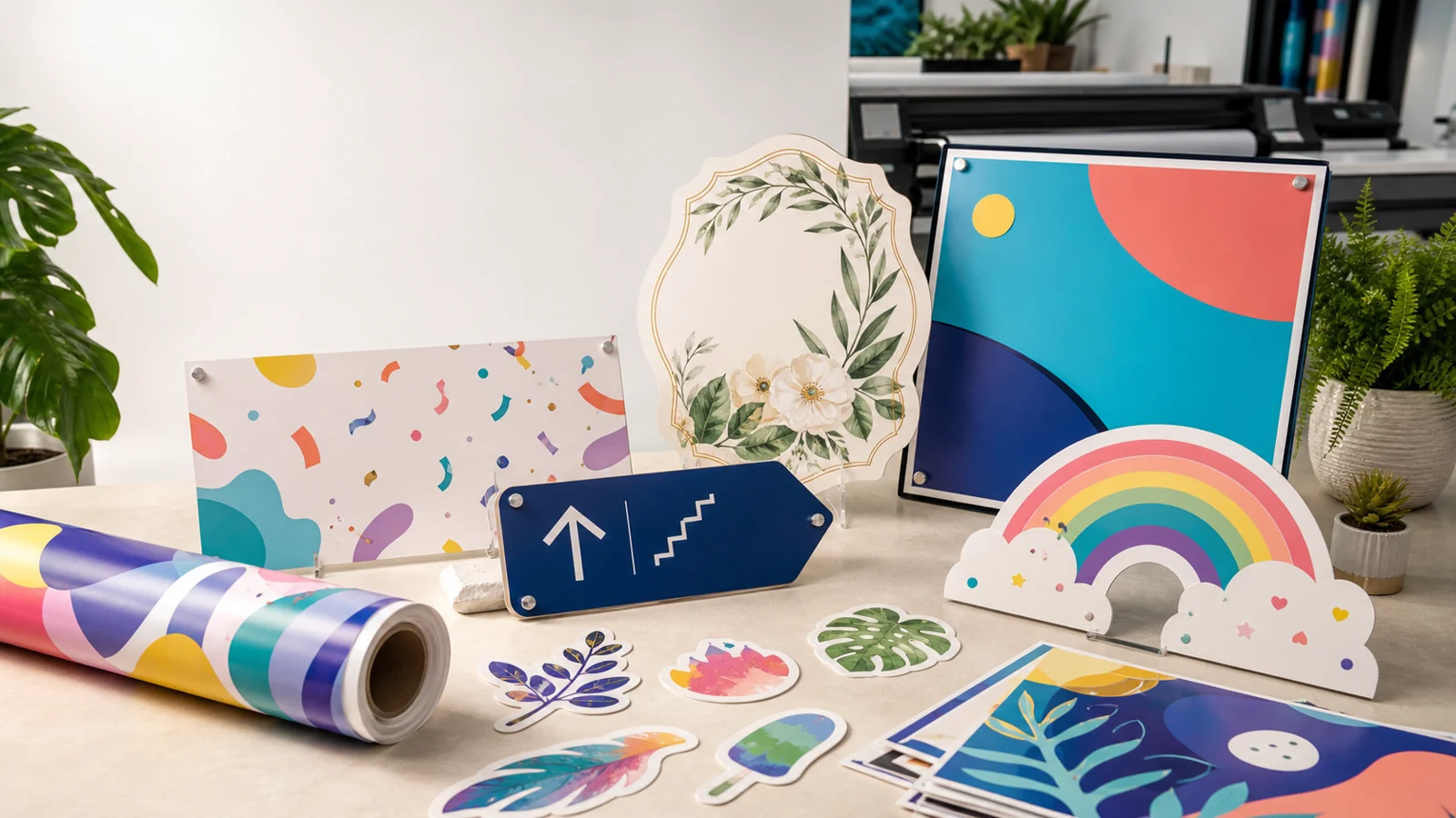 Farbenfrohe Auswahl individuell gestalteter Schilder, Aufkleber und Banner mit floralen, abstrakten und verspielten Motiven