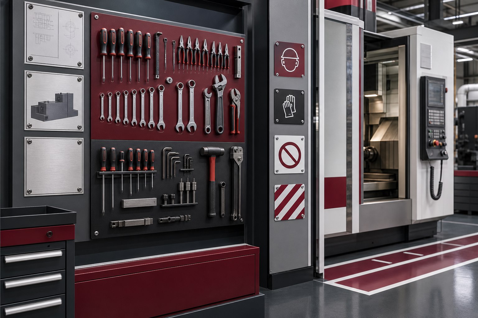 Visualisierung eines geordneten Industriearbeitsplatzes mit Toolboard, Kennzeichnungen und Anlagentafeln